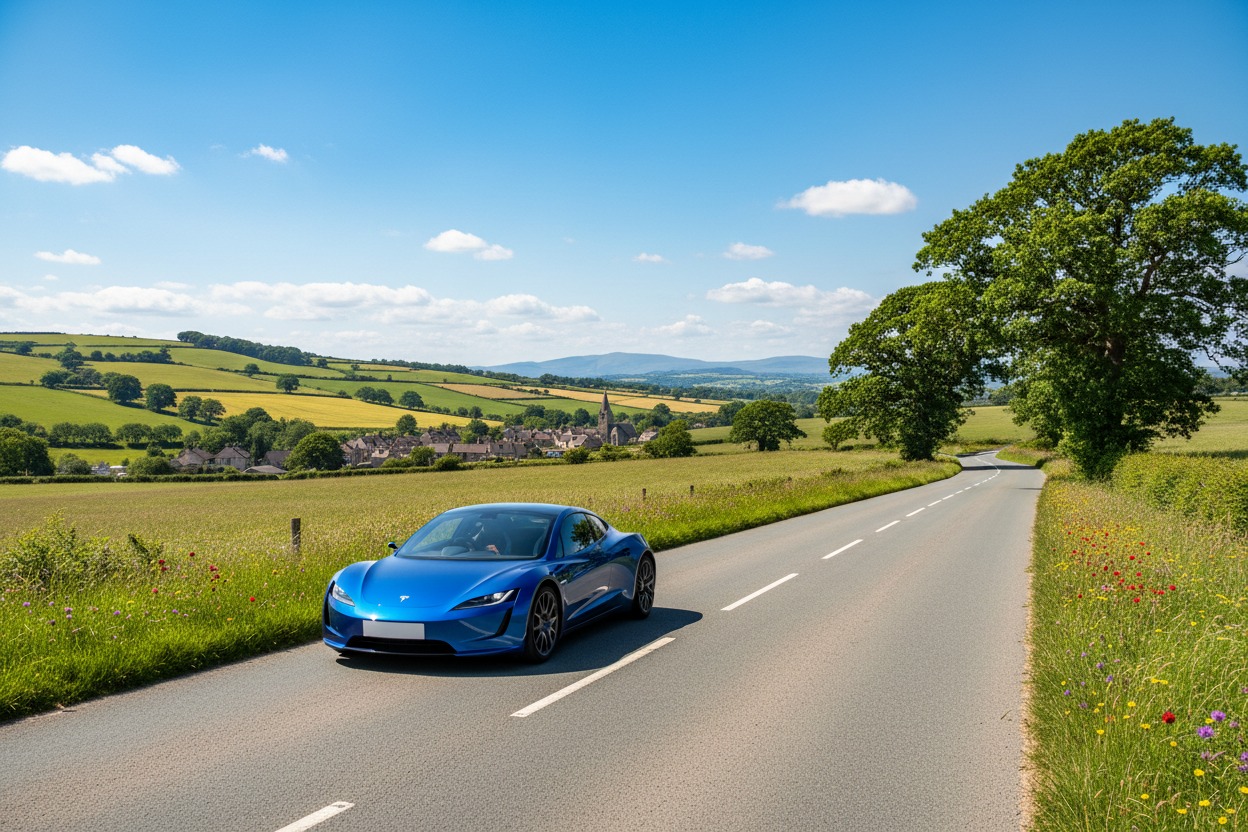 A blue Tesla Roadster drives down a winding asphalt road through a sunny countryside with green hills and a small village in the background.